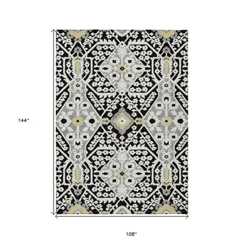 9' X 12' Black Gray And Gold Floral Washable Indoor Outdoor Area Rug