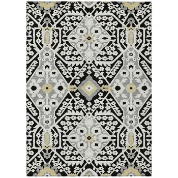 9' X 12' Black Gray And Gold Floral Washable Indoor Outdoor Area Rug