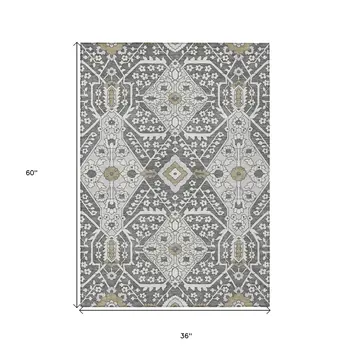 3' X 5' Charcoal Gray And Taupe Floral Washable Indoor Outdoor Area Rug
