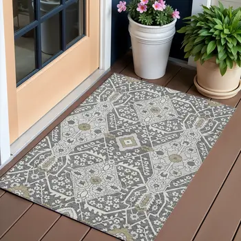 3' X 5' Charcoal Gray And Taupe Floral Washable Indoor Outdoor Area Rug