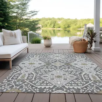 3' X 5' Charcoal Gray And Taupe Floral Washable Indoor Outdoor Area Rug