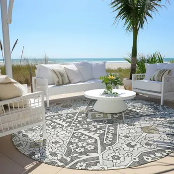 8' Charcoal Gray And Taupe Round Floral Washable Indoor Outdoor Area Rug