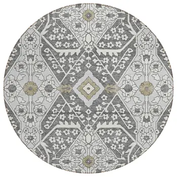 8' Charcoal Gray And Taupe Round Floral Washable Indoor Outdoor Area Rug