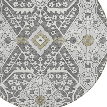 8' Charcoal Gray And Taupe Round Floral Washable Indoor Outdoor Area Rug