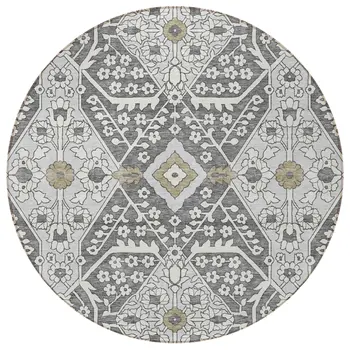 8' Charcoal Gray And Taupe Round Floral Washable Indoor Outdoor Area Rug