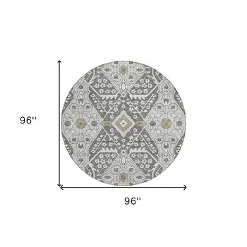 8' Charcoal Gray And Taupe Round Floral Washable Indoor Outdoor Area Rug