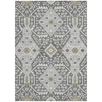 9' X 12' Charcoal Gray And Taupe Floral Washable Indoor Outdoor Area Rug