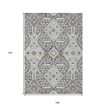 9' X 12' Charcoal Gray And Taupe Floral Washable Indoor Outdoor Area Rug