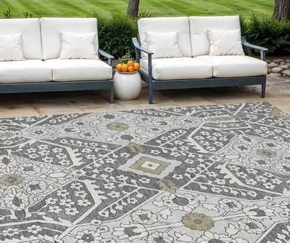 9' X 12' Charcoal Gray And Taupe Floral Washable Indoor Outdoor Area Rug