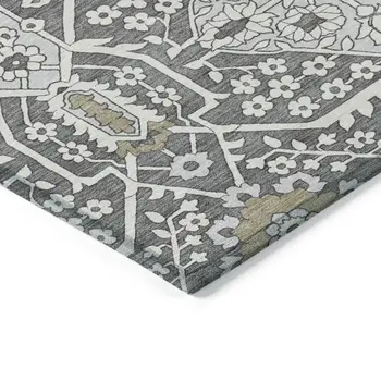 9' X 12' Charcoal Gray And Taupe Floral Washable Indoor Outdoor Area Rug