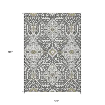 10' X 14' Charcoal Gray And Taupe Floral Washable Indoor Outdoor Area Rug