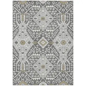 10' X 14' Charcoal Gray And Taupe Floral Washable Indoor Outdoor Area Rug