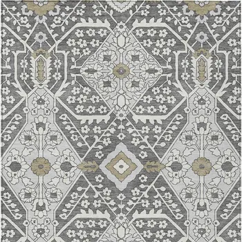 10' X 14' Charcoal Gray And Taupe Floral Washable Indoor Outdoor Area Rug