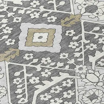 10' X 14' Charcoal Gray And Taupe Floral Washable Indoor Outdoor Area Rug