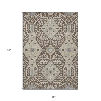3' X 5' Chocolate Gray And Beige Floral Washable Indoor Outdoor Area Rug