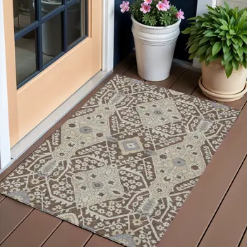 3' X 5' Chocolate Gray And Beige Floral Washable Indoor Outdoor Area Rug