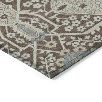 3' X 5' Chocolate Gray And Beige Floral Washable Indoor Outdoor Area Rug