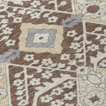 8' Chocolate Gray And Beige Round Floral Washable Indoor Outdoor Area Rug