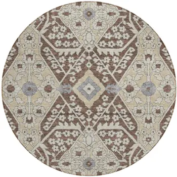 8' Chocolate Gray And Beige Round Floral Washable Indoor Outdoor Area Rug