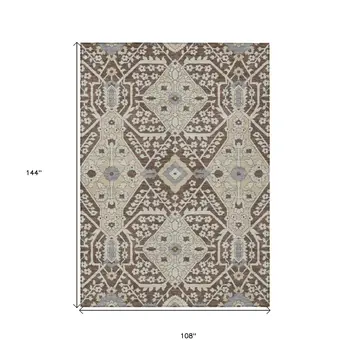 9' X 12' Chocolate Gray And Beige Floral Washable Indoor Outdoor Area Rug