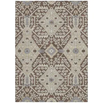 10' X 14' Chocolate Gray And Beige Floral Washable Indoor Outdoor Area Rug