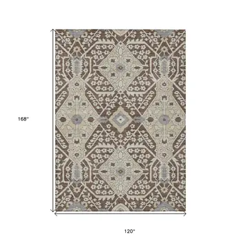 10' X 14' Chocolate Gray And Beige Floral Washable Indoor Outdoor Area Rug