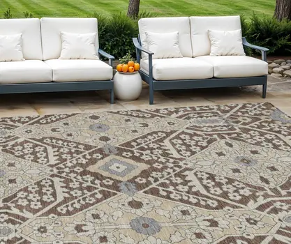 10' X 14' Chocolate Gray And Beige Floral Washable Indoor Outdoor Area Rug