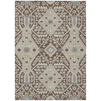 10' X 14' Chocolate Gray And Beige Floral Washable Indoor Outdoor Area Rug