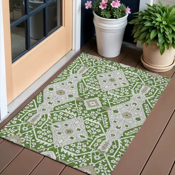 3' X 5' Green Gray And Taupe Floral Washable Indoor Outdoor Area Rug