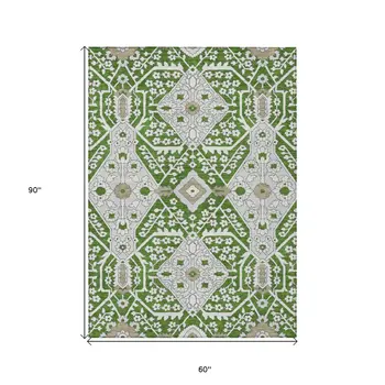 5' X 8' Green Gray And Taupe Floral Washable Indoor Outdoor Area Rug