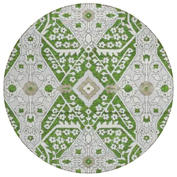 8' Green Gray And Taupe Round Floral Washable Indoor Outdoor Area Rug