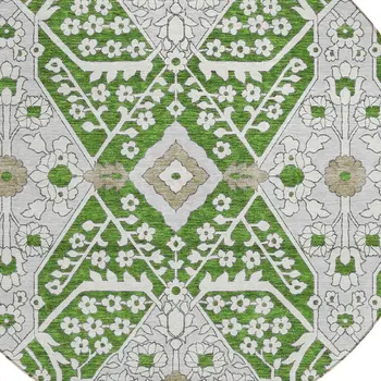 8' Green Gray And Taupe Round Floral Washable Indoor Outdoor Area Rug