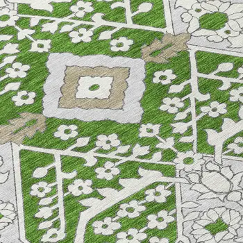 8' Green Gray And Taupe Round Floral Washable Indoor Outdoor Area Rug