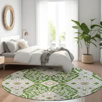 8' Green Gray And Taupe Round Floral Washable Indoor Outdoor Area Rug