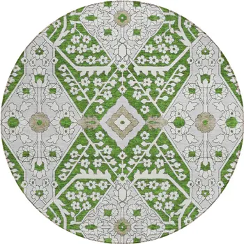 8' Green Gray And Taupe Round Floral Washable Indoor Outdoor Area Rug