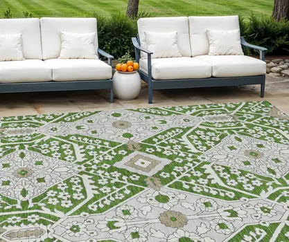 8' X 10' Green Gray And Taupe Floral Washable Indoor Outdoor Area Rug