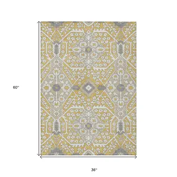 3' X 5' Gold Ivory And Gray Floral Washable Indoor Outdoor Area Rug