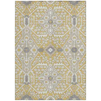 3' X 5' Gold Ivory And Gray Floral Washable Indoor Outdoor Area Rug