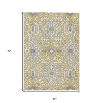 5' X 8' Gold Ivory And Gray Floral Washable Indoor Outdoor Area Rug