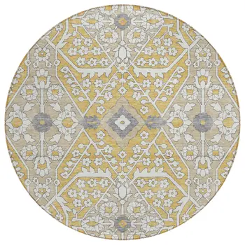 8' Gold Ivory And Gray Round Floral Washable Indoor Outdoor Area Rug