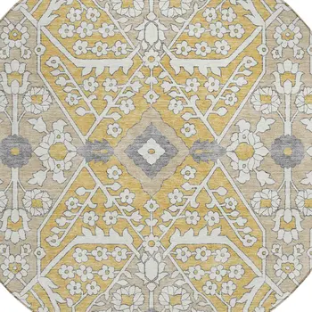 8' Gold Ivory And Gray Round Floral Washable Indoor Outdoor Area Rug