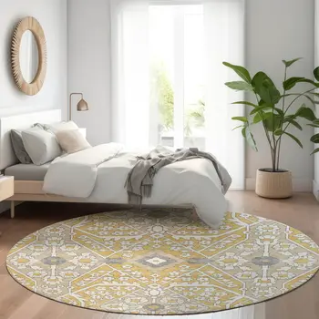 8' Gold Ivory And Gray Round Floral Washable Indoor Outdoor Area Rug
