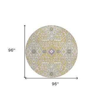 8' Gold Ivory And Gray Round Floral Washable Indoor Outdoor Area Rug