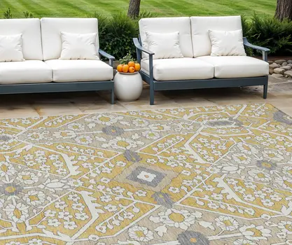 8' X 10' Gold Ivory And Gray Floral Washable Indoor Outdoor Area Rug