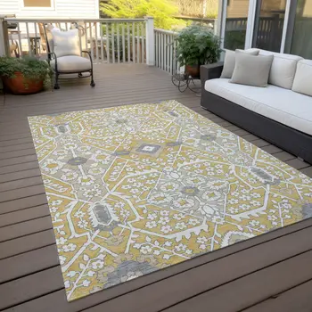 10' X 14' Gold Ivory And Gray Floral Washable Indoor Outdoor Area Rug