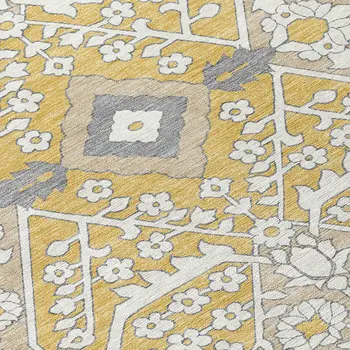 10' X 14' Gold Ivory And Gray Floral Washable Indoor Outdoor Area Rug