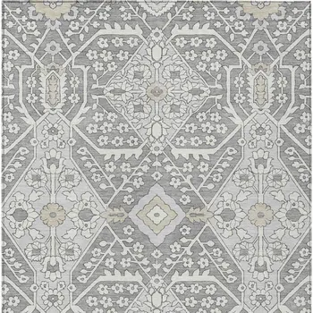 5' X 8' Gray Ivory And Silver Floral Washable Indoor Outdoor Area Rug