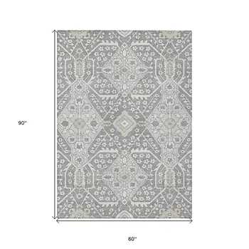5' X 8' Gray Ivory And Silver Floral Washable Indoor Outdoor Area Rug