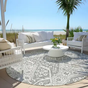 8' Gray Ivory And Silver Round Floral Washable Indoor Outdoor Area Rug
