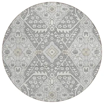 8' Gray Ivory And Silver Round Floral Washable Indoor Outdoor Area Rug